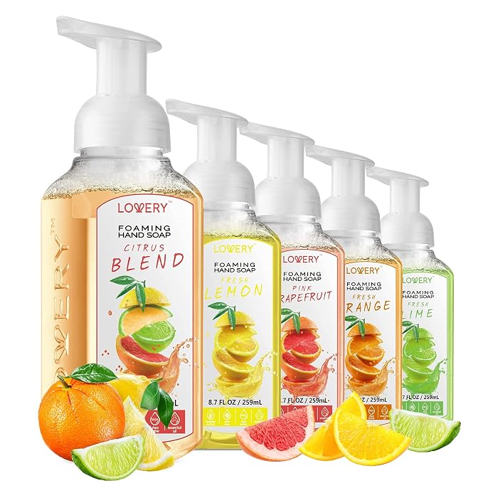 Foaming Hand Soap Pump - 5-PK - Moisturizing Hand Soap Foam with Aloe Vera & Essential Oils - Alcohol-Free Hand Wash in Citrus Blend, Lemon, Orange, Lime, Grapefruit Fragrances for Kitchen & Bathroom