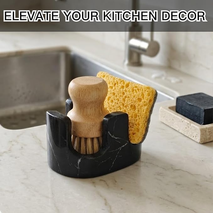 Black Marble Sponge Holder for Kitchen Sink, 2-in-1 Natural Stone Sponge & Brush Holder with Raised Edge, Keeps Countertops Dry, Heavy & Stable, Non-Slip Base, Modern Luxury Kitchen Decor