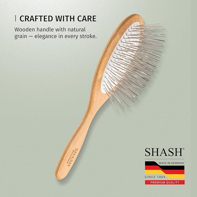 Since 1869 Hand Made In Germany - SHASH Oval Pet Brush With Long Metal Pins With Rubber Cushion - Helps Detangle Knots, Eliminate Frizz, Reduce Pulling & Snagging
