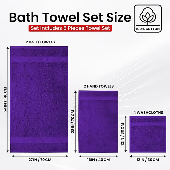 Infinitee Xclusives 100% Cotton Bath Towel Set – 8 Piece Bathroom Towel Set | (2 Bath Towels, 2 Hand Towels, 4 Washcloths) – Soft & Absorbent Towels for Bathroom - Gym, Shower, Spa & Hotel Use