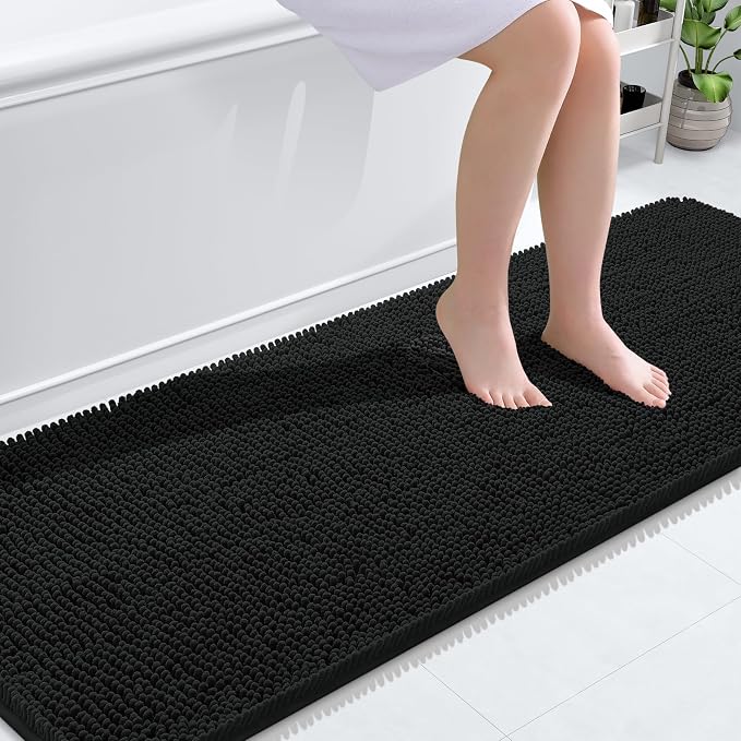 OLANLY Bathroom Runner Rugs 70x24, Extra Soft Absorbent Chenille Bath Rugs, Rubber Backing Quick Dry, Machine Washable Long Bath Mats for Bathroom Floor, Tub and Shower, Home Decor Accessories, Black