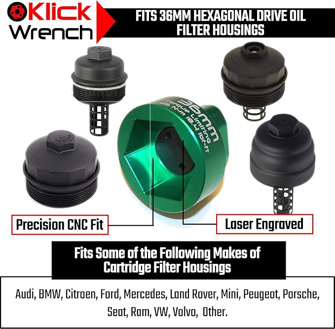 2 Stage 36mm Torque Limiting Oil Filter Wrench, Green, 6061-T6 Aluminum