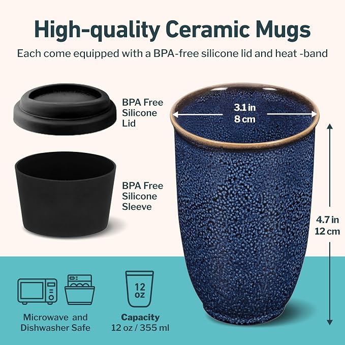 NOVA CERAMICS Travel Mug - Ceramic Travel Mug With Lid – Travel Coffee Mug Unique To Go Coffee Cup – Microwave & Dishwasher Safe Coffee Tumbler - Gifts For Women Men Him Her – 12oz - Abyss