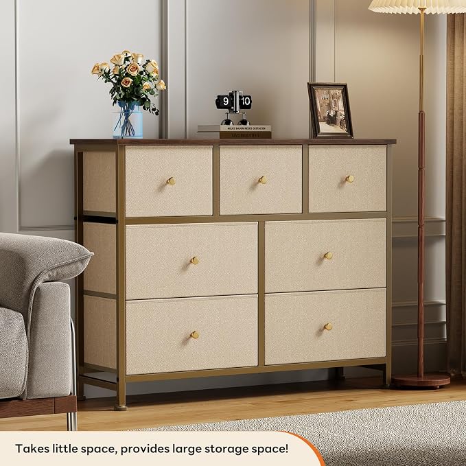 Sweetcrispy 7 Drawer Dresser with Fabric Bins, Fabric Storage Tower Organizer for Bedroom, Closet, Hallway, Entryway, Tall Chest of Drawers with Steel Frame, Wood Top, Large Storage, Khaki
