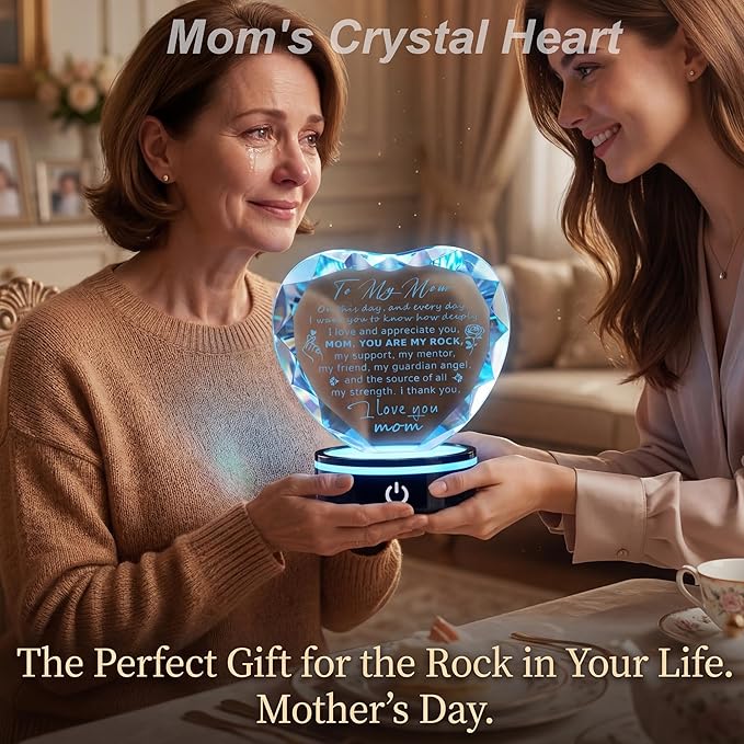 Gifts for Mom,Heart Crystal Keepsake Plaque with LED Base, Mother's Day, Birthday, Christmas, Thanksgiving, Engraved Mother Quote