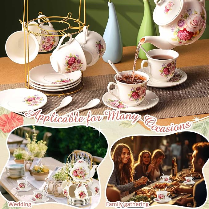 Zhehao 20 Pcs Porcelain Tea Set with Metal Holder and Spoon Adult Ceramic Tea Set European Flower Painting Teapot Cup Saucer Spoon for Women Mom Gift, Large Version (Modern Style)