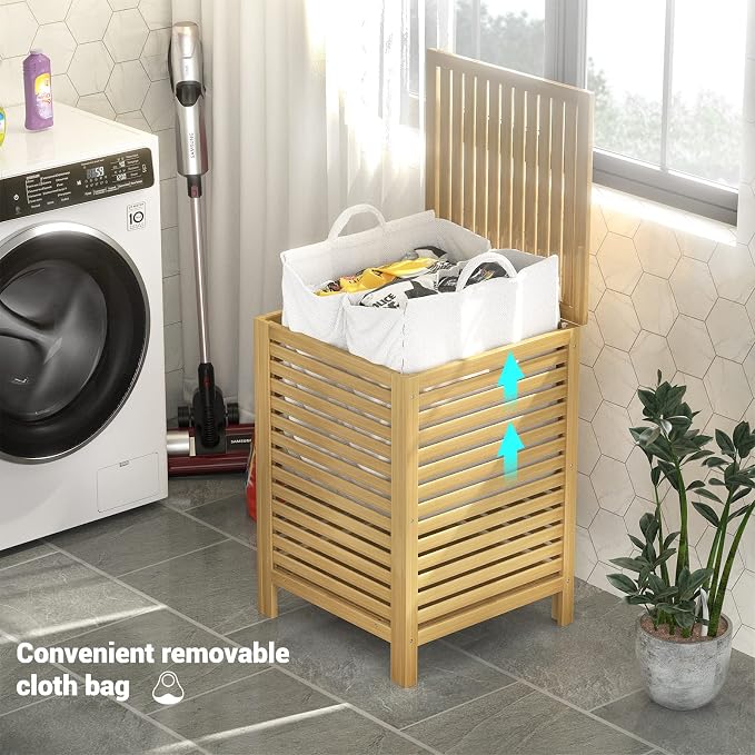 Bamboo Laundry Hamper with Lid, 120L Large Clothes Laundry Sorter with Removable 2-Section Liner Bag, Raised Laundry Basket Organizer for Clothing, Bathroom, Bedroom, Laundry Room, Natural