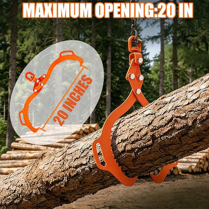 ovsor 2 Claw 20'' Log Tongs Timber Claw Hook for Skidding Tongs, 800lbs Lifting Capacity | Professional Log Grapple Heavy Duty 360° Swivel Log Lifting Tongs, Dragging Logging Silky Smooth Effort Saving