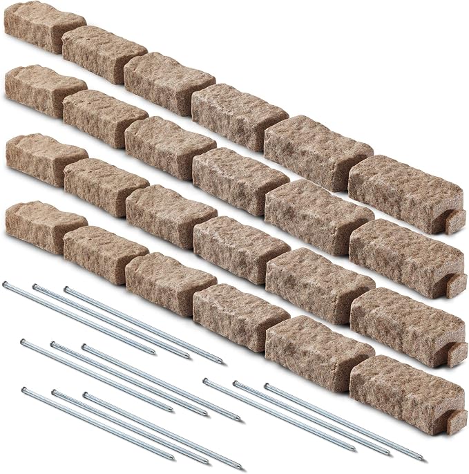 Landscape Edging | Garden Edging Border | Polyrock Bricks for Lawn Edging, Flower beds, Pathways & Yard Edging– 4 Packs | Each Section Has 6 Bricks 48" L x 4" W x 2.25" H | 12 Spikes |Sandstone