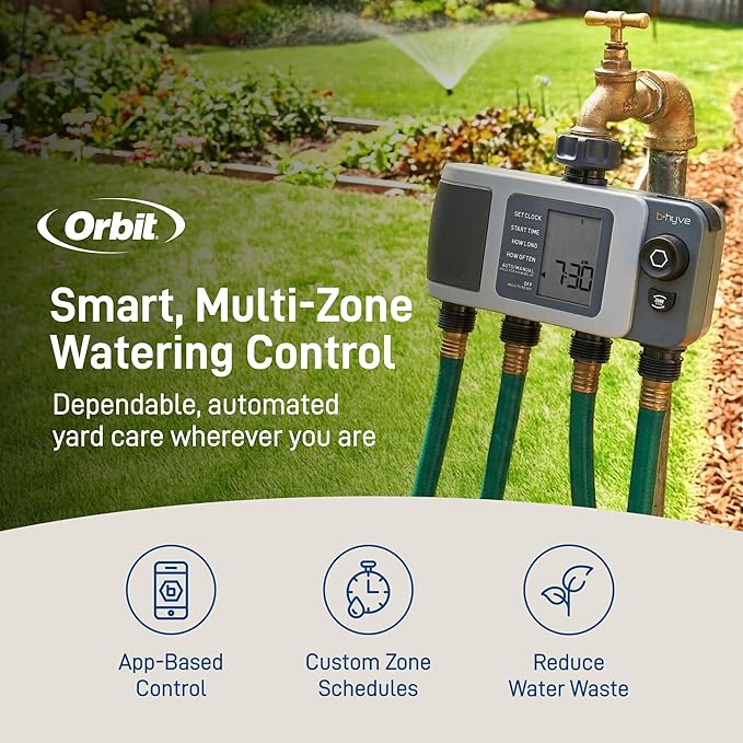 Orbit B-hyve XD 4-Port Smart Hose Watering Timer - App Controlled - Smart WeatherSense - Bluetooth Sprinkler Timer with Remote Control - Multi Outlet Yard Irrigation System - 24634