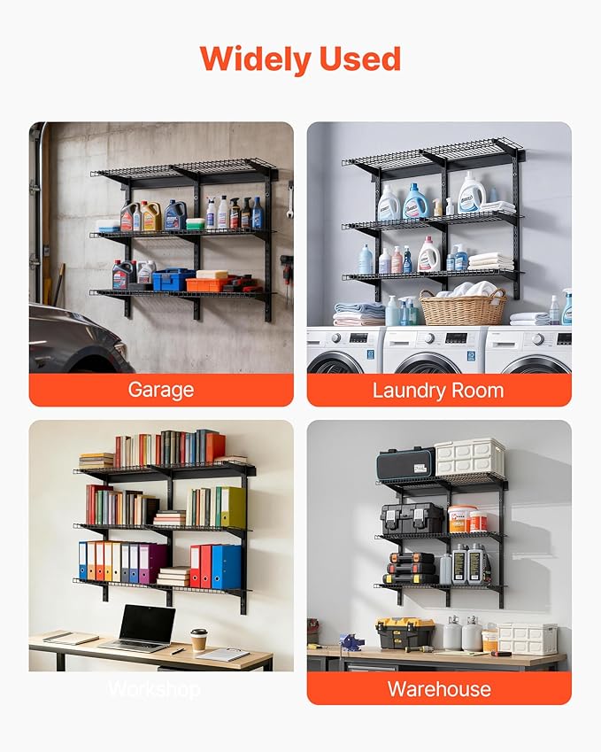 VEVOR 3-Tier Heavy Duty Wall Garage Shelving, 1 x 3 ft Steel Wall Mounted Shelving Unit, 11 x 36 Inch Per Shelf Floating Storage Metal Rack for Garage with 450 lbs Total Weight Capacity, Black