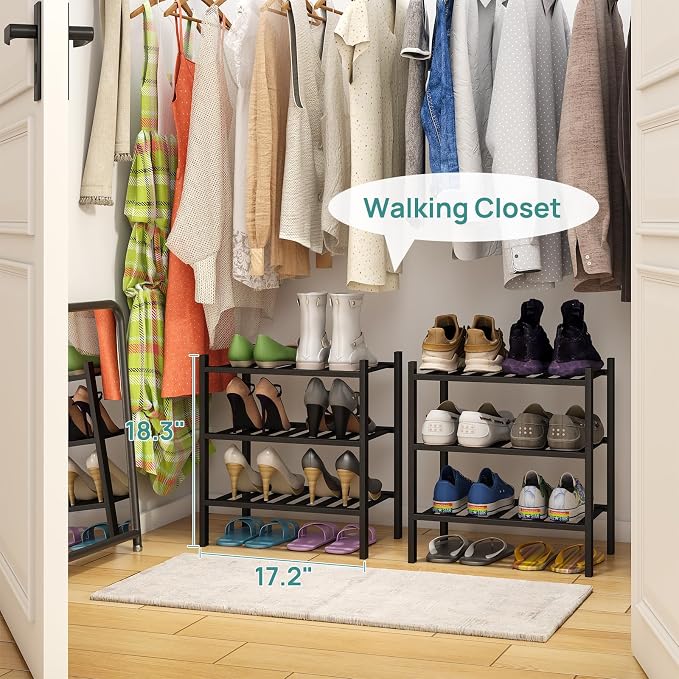 viewcare Small Shoe Rack for Entryway,3-Tier Black Bamboo Shoe Organizer for Hallway Closet, Free Standing Shoe Racks for Indoor Outdoor