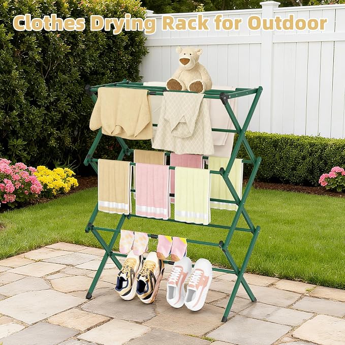 BAKON Foldable Space Saving Clothes Drying Rack, Extendable Rustproof Laundry Rack for Indoor Outdoor Dorm Room Apartments RV, Green