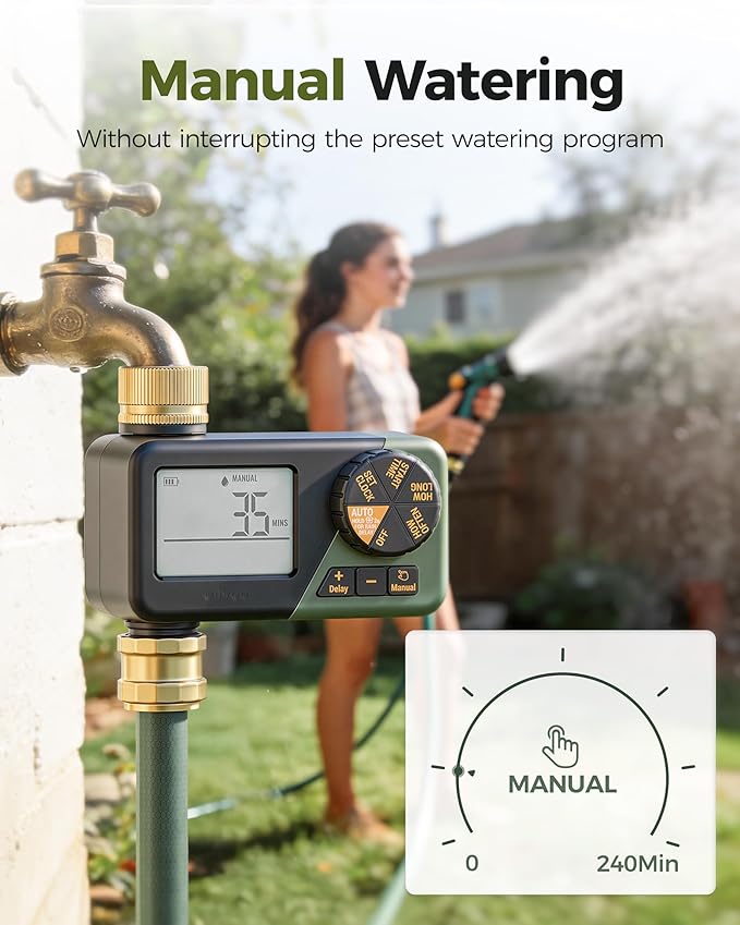 Diivoo Brass Sprinkler Timer, IP66 Waterproof Programmable Hose Timers for Watering with Large Display, Rain Delay & Manual Mode for Outdoor Automatic Irrigation of Garden, Lawn, Yard