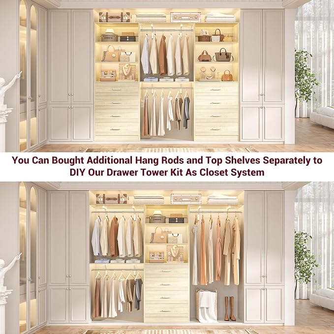 Aheaplus Wood Closet Organizer System with 4 Drawers, Modular Walk-in Closet Storage Unit, Small Closets Wardrobe Rack, Tall Storage Cabinet Unit, White Oak