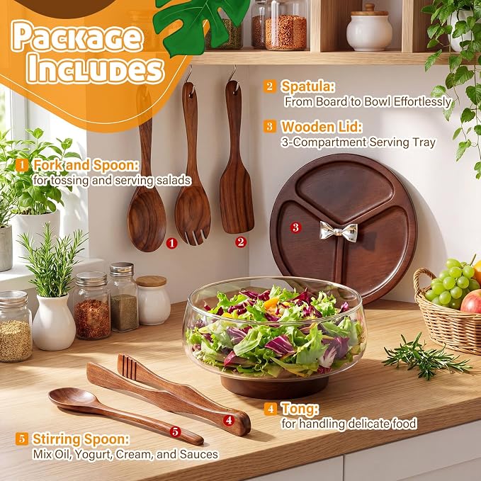 Hushee Glass Salad Bowl Set, Party Salad Bowl with Wood Base and Lid as Cheese Charcuterie Board and Plate, Comes with 5 Pieces of Elegant Wood Serving Utensils (1.27 Qt)