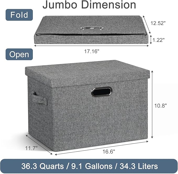 Graciadeco Large 17" 36 Quart Collapsible Stackable Storage Bins with Lids, 3 Packs Black and White Mix Linen Fabric Closet Boxes with Lids, Storage Cube Baskets Container Organizers (17x12x11)