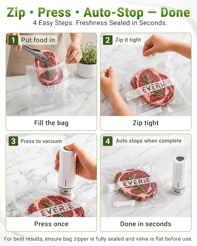 EVERIE HS100 Handheld Vacuum Sealer for Food, Rechargeable Portable Mini Sealer with 30 Reusable Valve Bags(15S+15M), for Meal Prep, Fridge, Freezer & Sous Vide Cooking