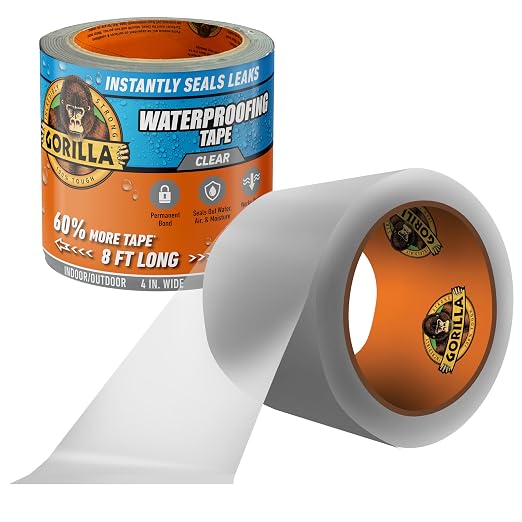 Gorilla Waterproof Patch & Seal Tape, Clear Tape, 4" x 8' (Pack of 1) - Permanent Weather Resistant Seal for Leaks and Repairs