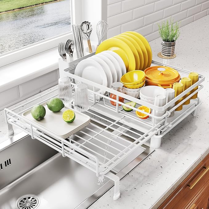 Expandable Dish Drying Rack for Kitchen Counter, Stainless Steel, White | Foldable Over Sink, Large Capacity, Adjust to Fit Most Sinks, Angled Drainboard, Removable Utensil Holder, Slip Resistant