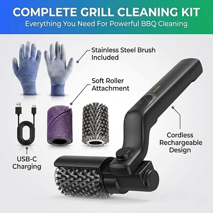 Electric Grill Brush, Cordless Rechargeable BBQ Grill Cleaner with High Torque Motor, Stainless Steel Bristles, Adjustable Angle, Heavy Duty Cleaning Tool for Grill Grates