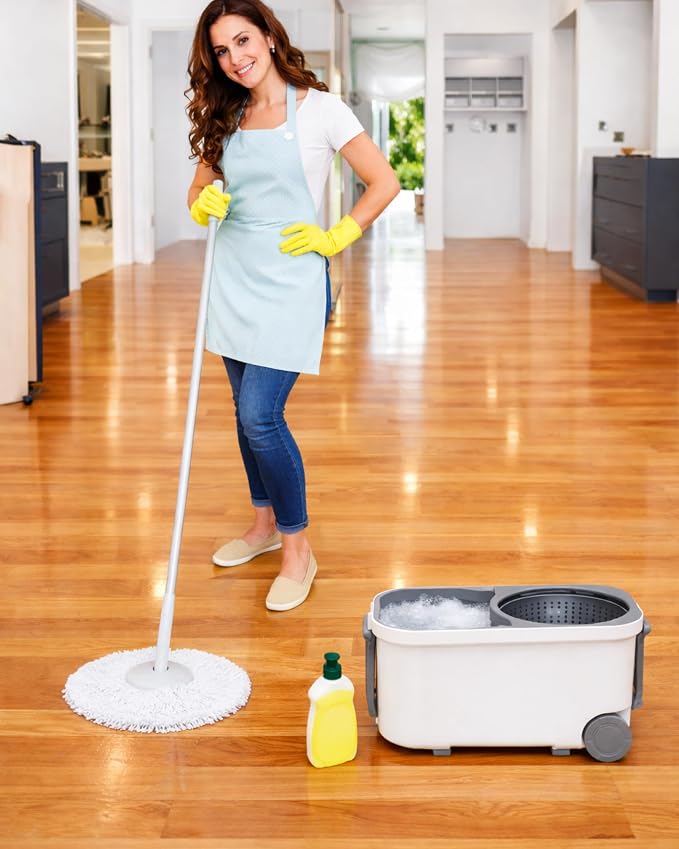 20L Spin Mop and Bucket System with Wringer, 3 Microfiber Mop Heads and 1 Heavy-Duty Scrub Brush, Stainless Steel Handle, Rolling Bucket with Drain Plug for Hardwood, Tile and Laminate Floors