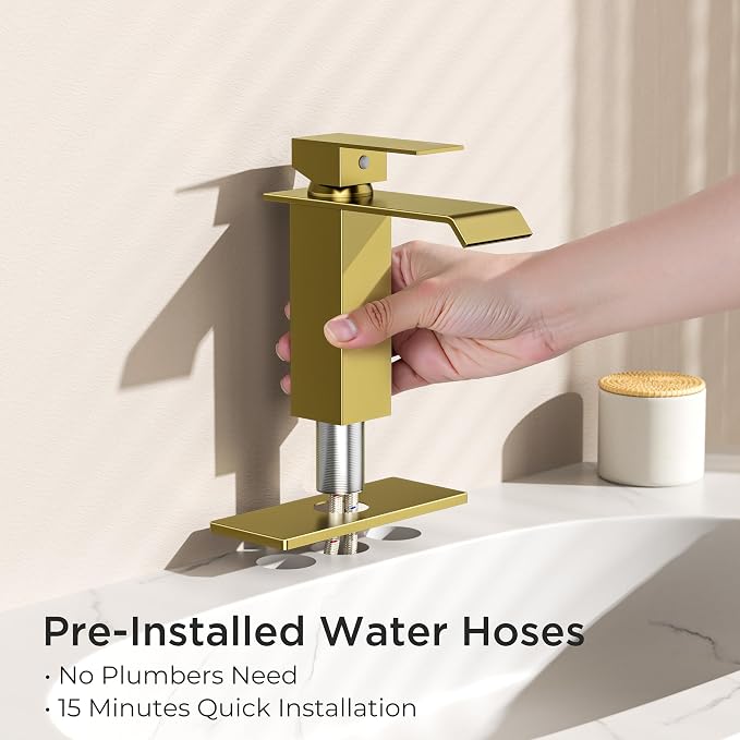 FORIOUS Gold Bathroom Faucet, Modern Waterfall Bathroom Sink Faucets 1 or 3 Hole Single Handle with Deck Plate and Drain, Suitable for Vanity Rv Camper Commerical
