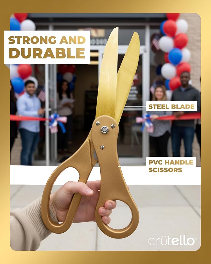 Crutello Ribbon Cutting Ceremony Kit - Grand Opening Ribbons and Scissors - 20"Giant Gold Scissors and 30 Foot Large White Ribbon 4"Wide - Ceremonial Kit
