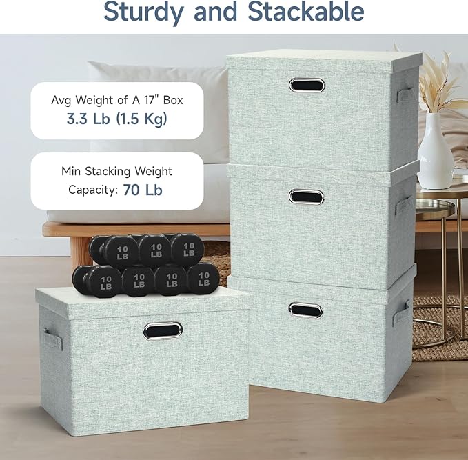 Graciadeco Large 17" 36 Quart Collapsible Stackable Storage Bins with Lids, 3 Packs Light Green Linen Fabric Closet Boxes, Storage Cube Baskets Container Organizers for Office (16.5x12.2x11.2)