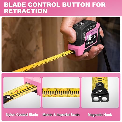 PREXISO 2-in-1 Digital Tape Measure - 16Ft Pink Digital Measuring Tape Rechargeable, Ft/Ft+in/in/M/CM/MM Unit - Metric & Inches Retractable Electronic Tape Measure Auto Lock, Pythagorean, Area, Volume