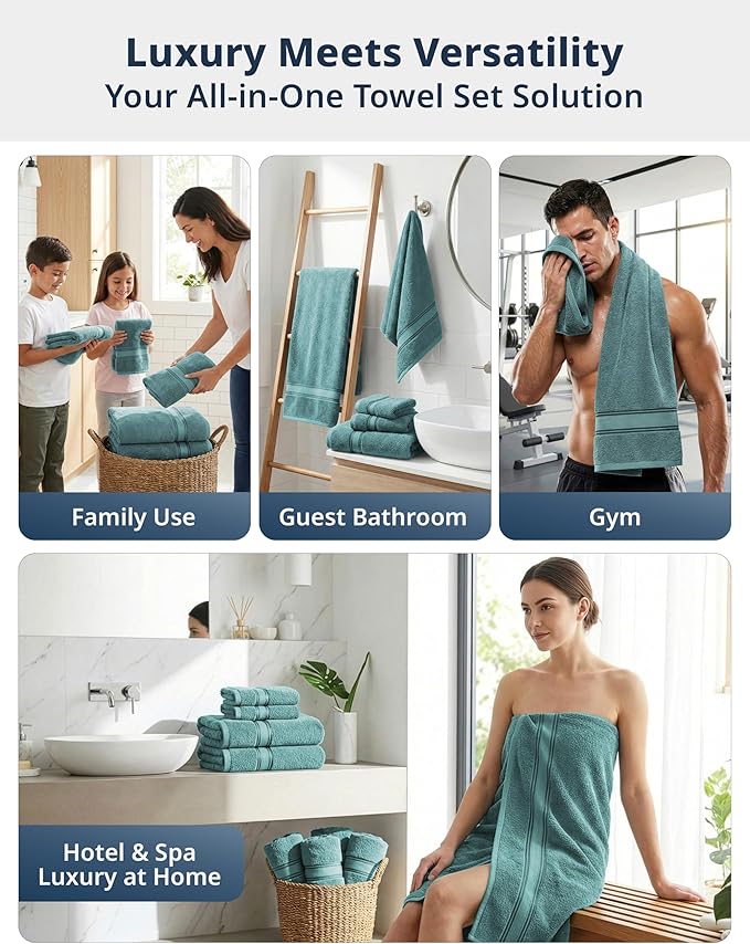 LANE LINEN Luxury Bath Towels Set - 6 Piece, 100% Cotton, Zero Twist, Quick Dry, Absorbent, Super Soft 2 Bath Towels, 2 Hand Towels, 2 Wash Cloths: Teal