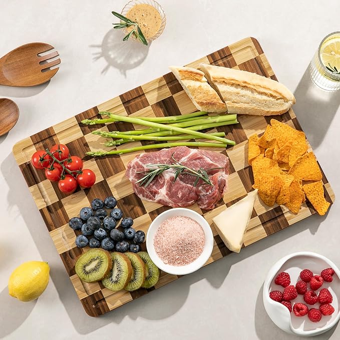 Checkered Cutting Board for Kitchen, Bamboo Wooden Cutting Board | Serving Tray with Juice Groove, Non Slip, Non-Toxic, Thick Large Chopping Board Gift , 16.5” x 11.6” x 0.8”