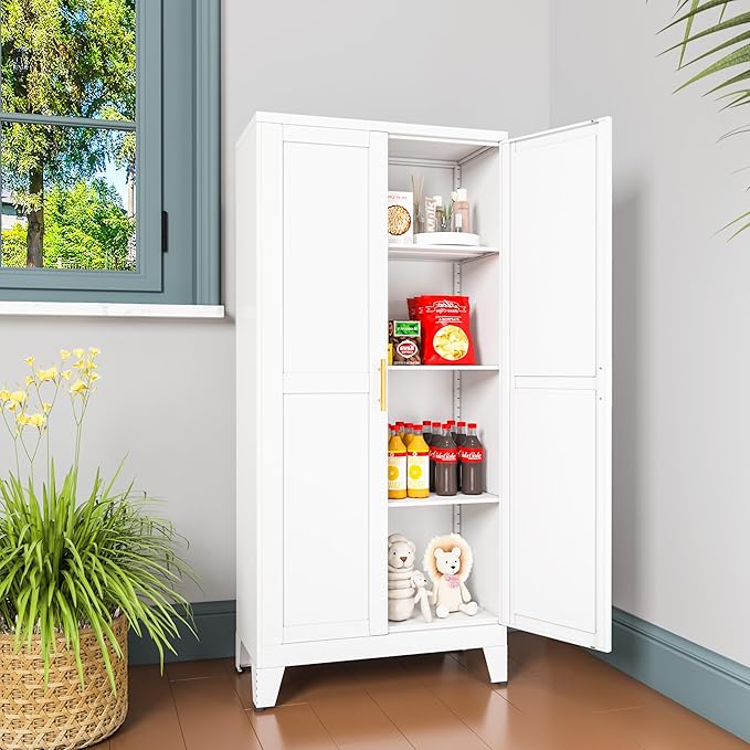 GAIOUS Metal Pantry Cabinet, Kitchen Pantry Storage Cabinets with 2 Door and 3 Adjustable Shelves, White Kitchen Pantry Cabinet, Freestanding Cupboard for Dining Room Living Room Bathroom