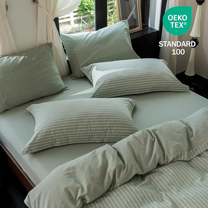 Reversible Duvet Cover Set 100% Washed Cotton Green Stripe Linen Feel Duvet Cover Queen Size with Zipper Closure & 2 Pillow Shams,Celadon Green/White Stripe Reverse Solid Celadon Green