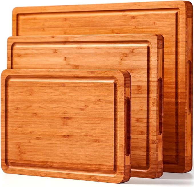 Allsum Carbonized Bamboo Wood Cutting Boards for Kitchen, 1” Thick Wooden Butcher with Juice Grooves and Handles, Cute Cheese Charcuterie Boards as a Gift for Chef, Family, 3 Pack