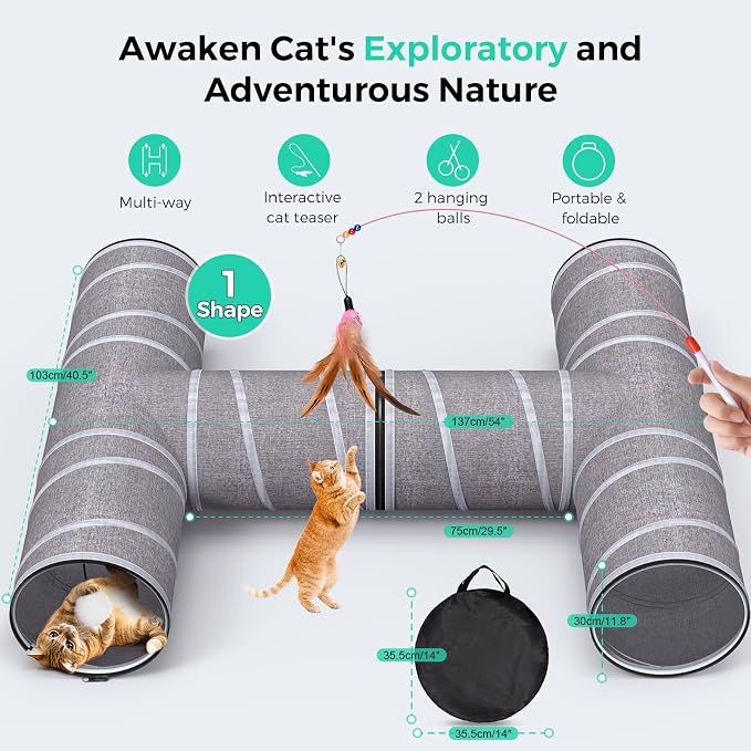 PETOCAT Cat Tunnel 4 Way with Teaser Wand & 2 Plush Ball, 5 Shapes Available, 54/80.7" L, H-Shaped Collapsible Pet Play Tube Maze for Kitten Puppy Bunny Ferret Rabbit, Indoor/Outdoor Peekaboo Cave