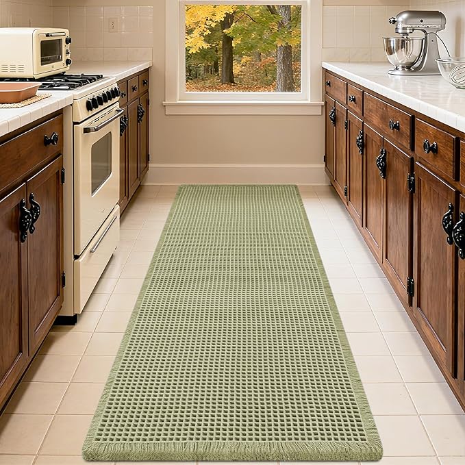 IM HOME Christmas Waffle Runner Rug Green 6'x2'(72" x 24"), Boho Woven Modern Bath Mat Rugs, Absorbent Non Slip Bathroom Rugs, Soft Washable Bath Rugs with Tassels for Bedroom, Kitchen, Shower, Tub