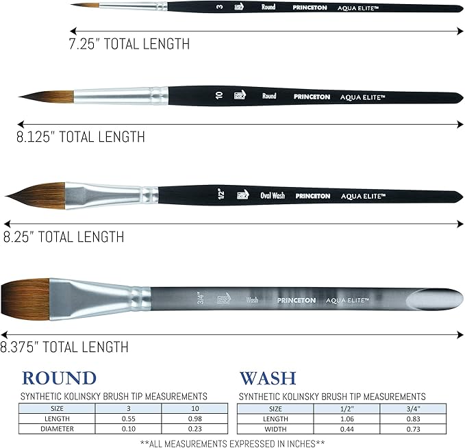 Princeton Artist Brush Co Aqua Elite 4850 Series - 4pc Watercolor Brush Set - Synthetic Watercolor Brushes Professional Kolinsky Sable Brushes - 1/2” Oval Wash, 3/4" Wash, Round 3 & Round 10