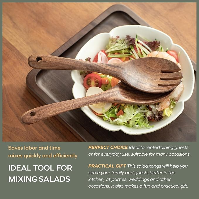Muso Wood Acacia Salad Servers, 10-inch, Set of 2 | Wooden Salad Tongs for Serving Salad Mixes