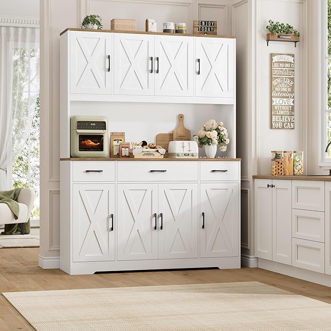 HOSTACK 71" Tall Kitchen Pantry Storage Cabinet, 55" W Kitchen Hutch, White | Large Pantry Cabinet with Charging Station / Countertop / 3 Drawers, Farmhouse Hutch Cabinet with Storage for Dining Room