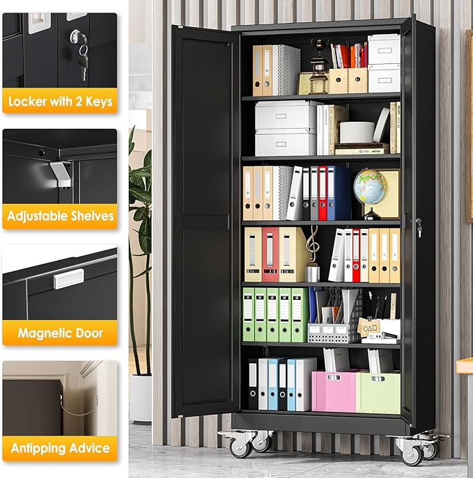 PAOFIN 75''H Metal Garage Storage Cabinet with Wheels,Steel File Cabinets with 2 Doors and 5 Adjustable Shelves for Home Office, Warehouse, Required Assembly,Black
