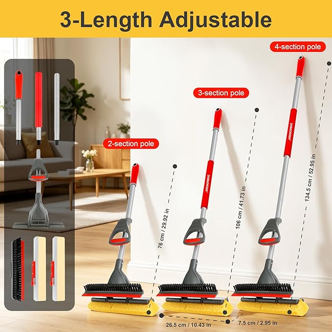 Sponge Mop for Floor Cleaning, Home Commercial Pop-up Cellulose Sponge Roller Mop with 2 Refill Heads, Includes Squeegee and Brush for Hardwood Tile Concrete Bathroom Kitchen Wall Ceiling