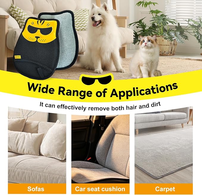Pet Hair Removal Glove - Washable Reusable, 2pcs | Electrostatic dual-direction fiber grabs loose fur. Works on sofas, rugs, car seats & pet beds. Cat & dog hair