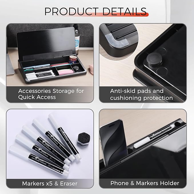 TOWON Small Compact Glass Desktop Whiteboard with Storage – 12 x 7 in Dry Erase Board for Desk, Home Office, School | Includes 5 Markers, Eraser & Holder | Space-Saving Organizer, Aesthetic Black