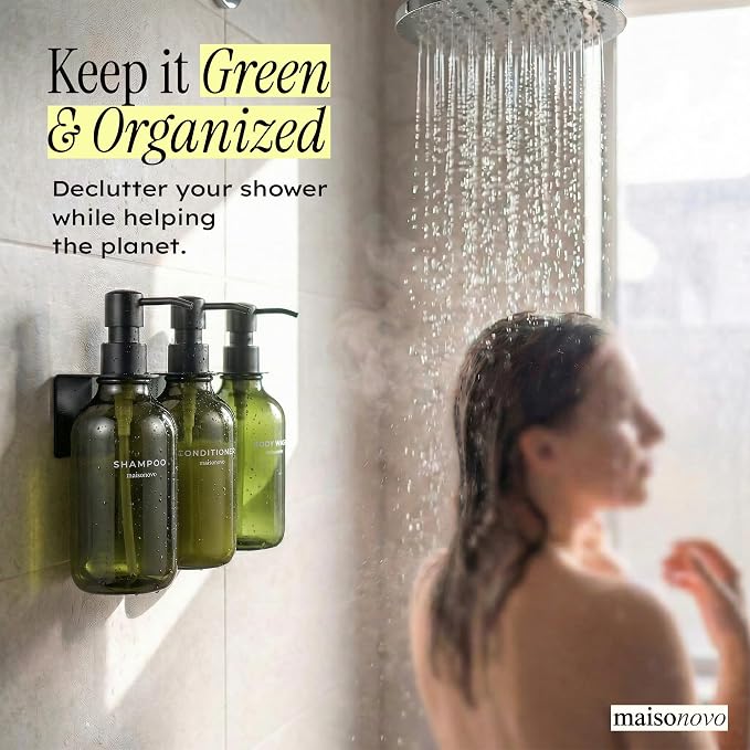 Shampoo and Conditioner Dispenser Wall Mounted Set of 3 Green - No Drill Shower Soap Dispenser for Bathroom Refillable - Spa Hotel Style Accessories by MaisoNovo