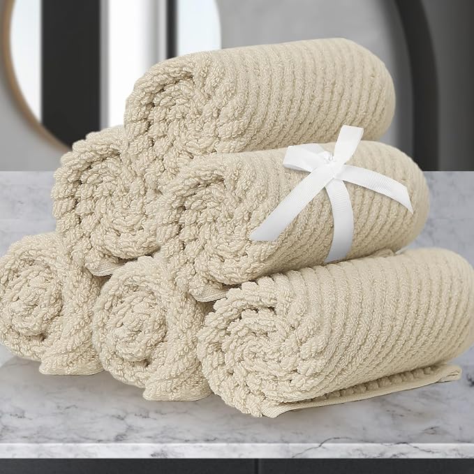 VOOVA & MOVAS Washcloths 6PC, 100% Cotton, 13x13 in, Beige Tan | Quick Dry, Soft, Absorbent, Hotel Quality, Luxury Wash Cloths, Towel Gift Set, Suitable For Spa, Bathroom, Travel
