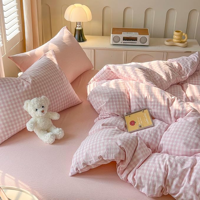 mixinni Light Pink Gingham Duvet Cover Set Full Size - 100% Washed Cotton 3 Piece Plaid Checkered Bedding Set, Soft Comfy Grid Farmhouse Comforter Cover with Zipper Closure & Corner Ties