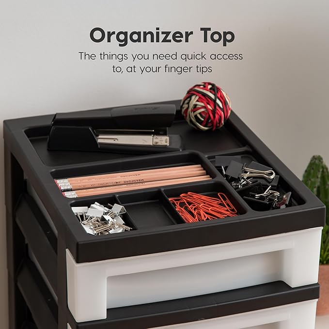IRIS USA Plastic Drawer Storage Organizer Rolling Cart, with Wheels Casters, 7-Drawers, for Classroom Art Craft Supplies Dresser Closet Bathroom Laundry Room, Black/Pearl