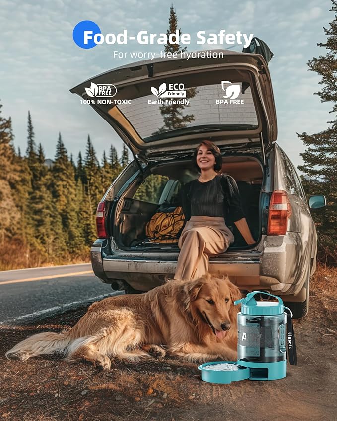 lesotc Portable Dog Water Bowl Dispenser - 77oz Travel Water Bottle with Pop-Out Drinking Bowl, No-Spill Design for Camping, Hiking & Car Rides - Keep Your Dog Hydrated Anywhere, LightBlue