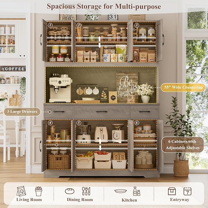 HOSTACK 71" Tall Kitchen Pantry Storage Cabinet, 55" W Kitchen Hutch, Grey | Large Pantry Cabinet with Charging Station / Countertop / 3 Drawers, Farmhouse Hutch Cabinet with Storage for Dining Room